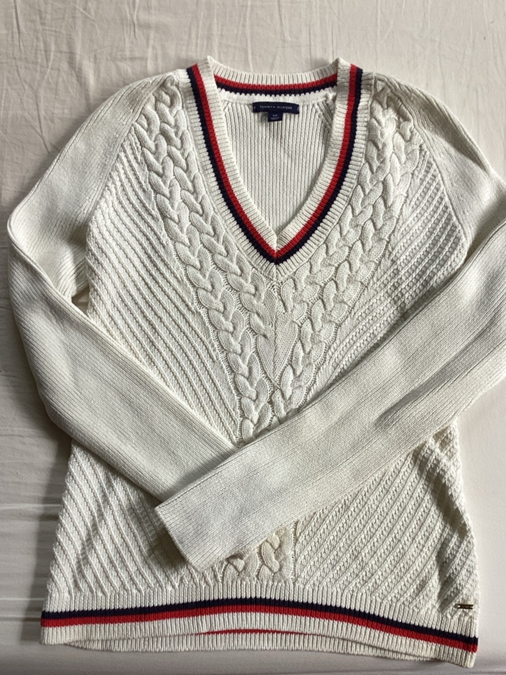Tommy Hilfiger Ivory Cable Knit V-Neck Sweater with Red & Navy Trim
